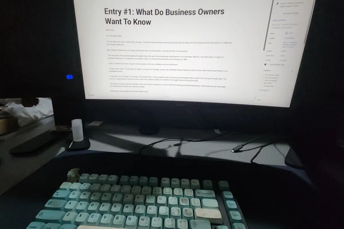 An image of a writer's desk with the current blog post on the monitor screen